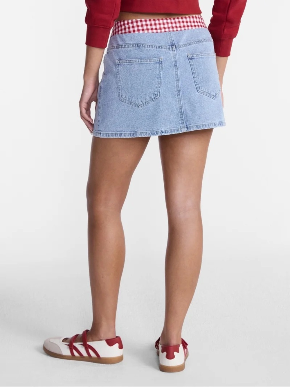 No Boundaries Light Blue Denim Mini Skirt with Red Gingham Waist Tie - Picture 5 of 8